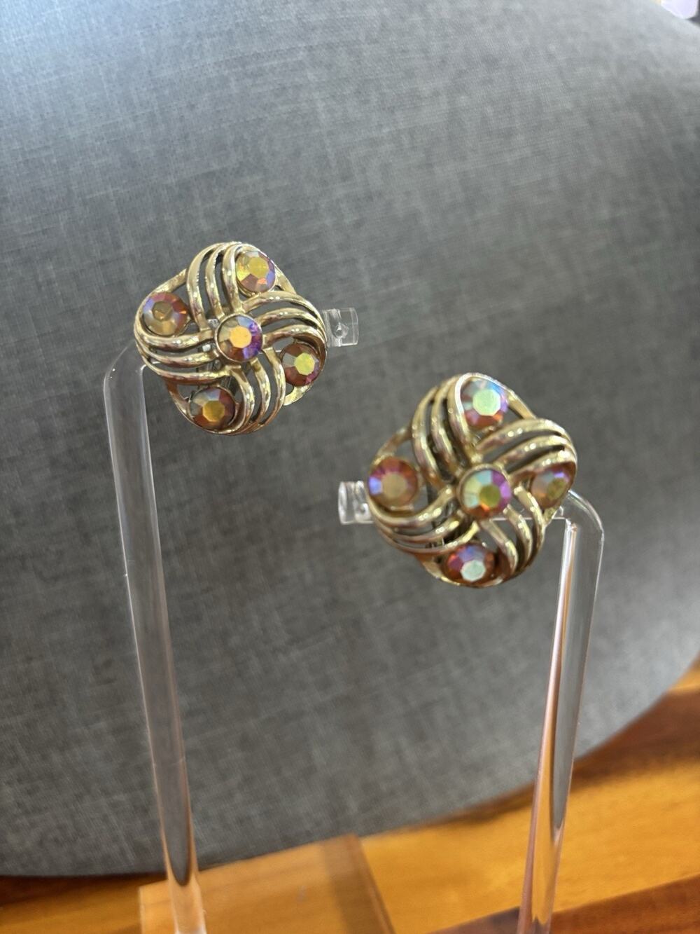 Vintage Retro MCM Gold Tone Aurora Borealis Crystal Cluster Clip-On Earrings